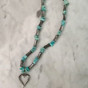 Silver and turquoise beaded necklace with heart pendant